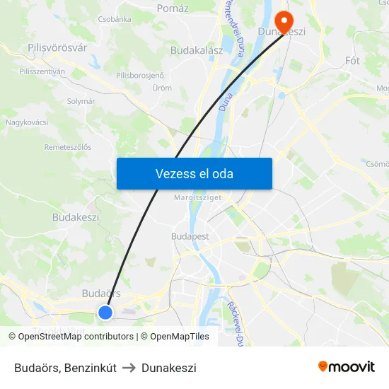 Budaörs, Benzinkút to Dunakeszi map