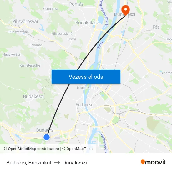 Budaörs, Benzinkút to Dunakeszi map