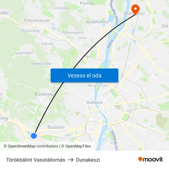 Törökbálint Vasútállomás to Dunakeszi map