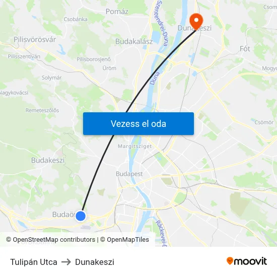 Tulipán Utca to Dunakeszi map