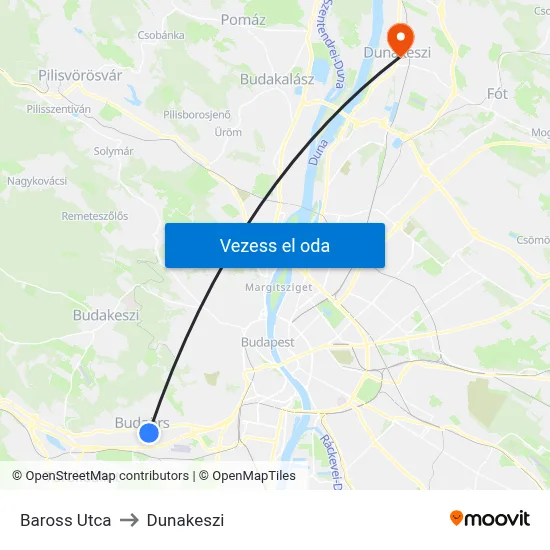 Baross Utca to Dunakeszi map