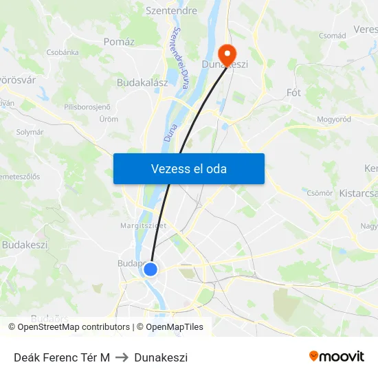 Deák Ferenc Tér M to Dunakeszi map