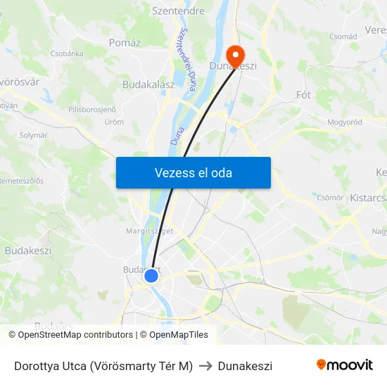 Dorottya Utca (Vörösmarty Tér M) to Dunakeszi map