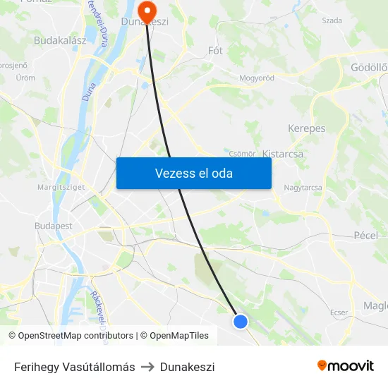 Ferihegy Vasútállomás to Dunakeszi map