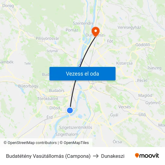 Budatétény Vasútállomás (Campona) to Dunakeszi map