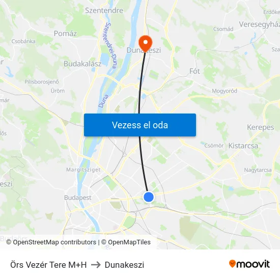 Örs Vezér Tere M+H to Dunakeszi map
