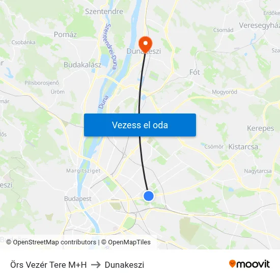 Örs Vezér Tere M+H to Dunakeszi map
