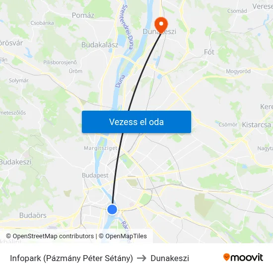 Infopark (Pázmány Péter Sétány) to Dunakeszi map