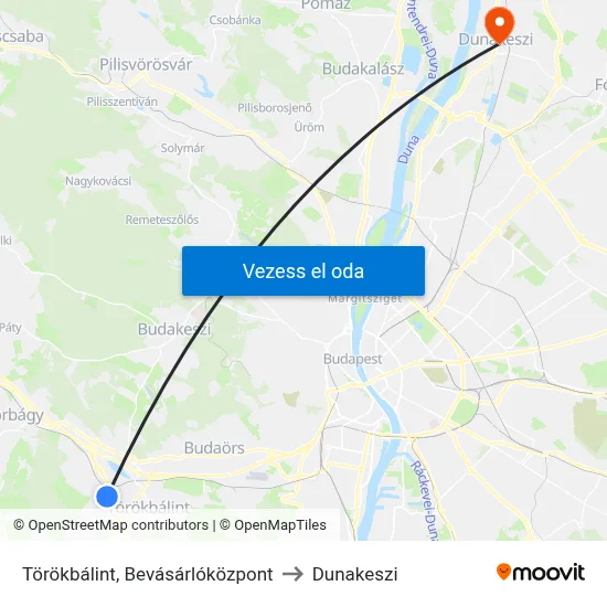 Törökbálint, Bevásárlóközpont to Dunakeszi map