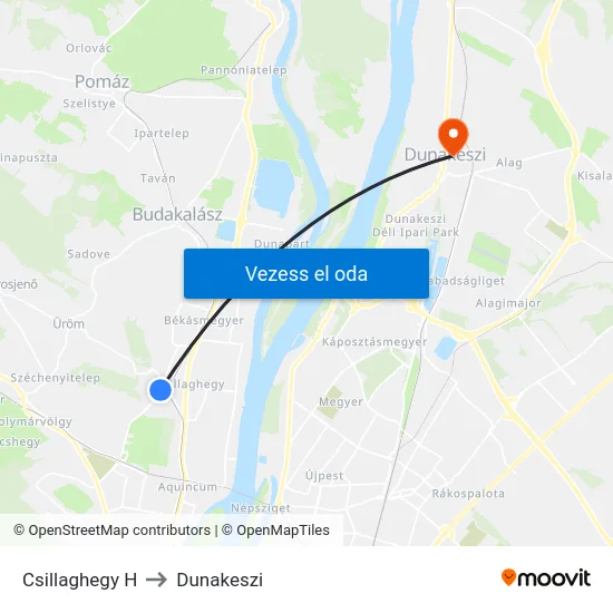 Csillaghegy H to Dunakeszi map