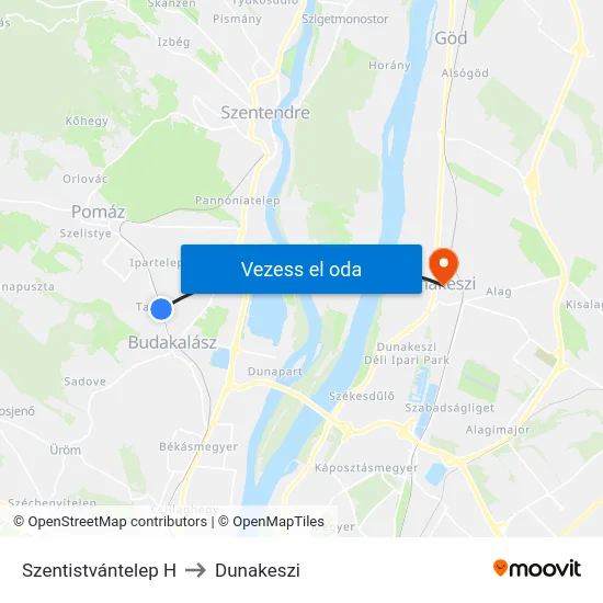 Szentistvántelep H to Dunakeszi map