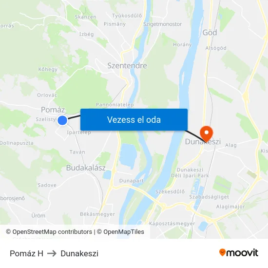 Pomáz H to Dunakeszi map
