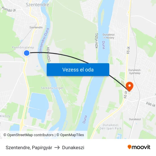 Szentendre, Papírgyár to Dunakeszi map