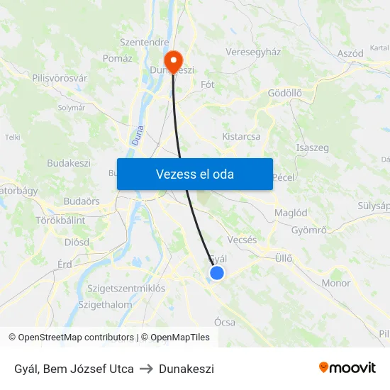 Gyál, Bem József Utca to Dunakeszi map