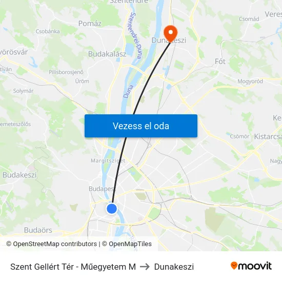 Szent Gellért Tér - Műegyetem M to Dunakeszi map