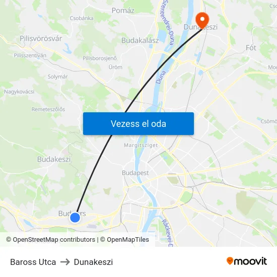 Baross Utca to Dunakeszi map