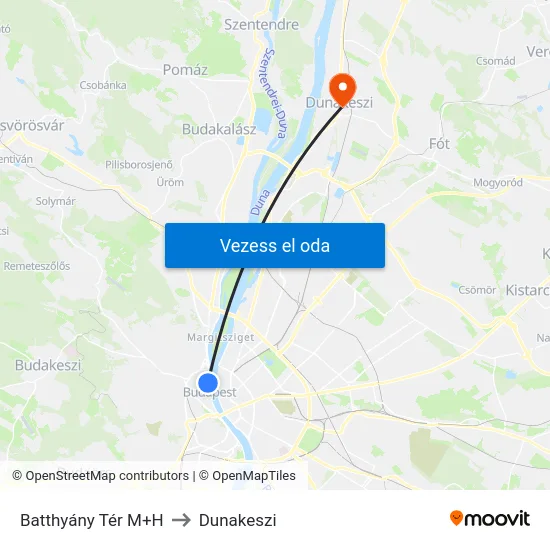 Batthyány Tér M+H to Dunakeszi map