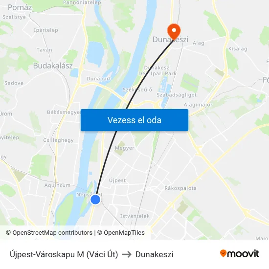 Újpest-Városkapu M (Váci Út) to Dunakeszi map