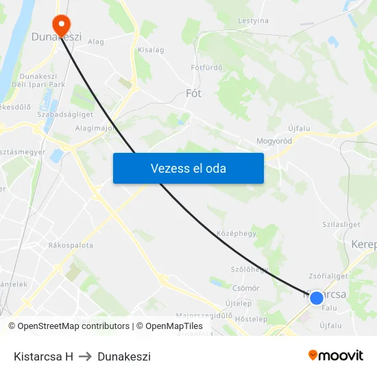 Kistarcsa H to Dunakeszi map
