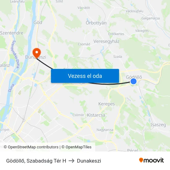 Gödöllő, Szabadság Tér H to Dunakeszi map