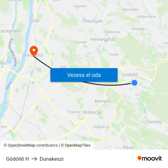 Gödöllő H to Dunakeszi map