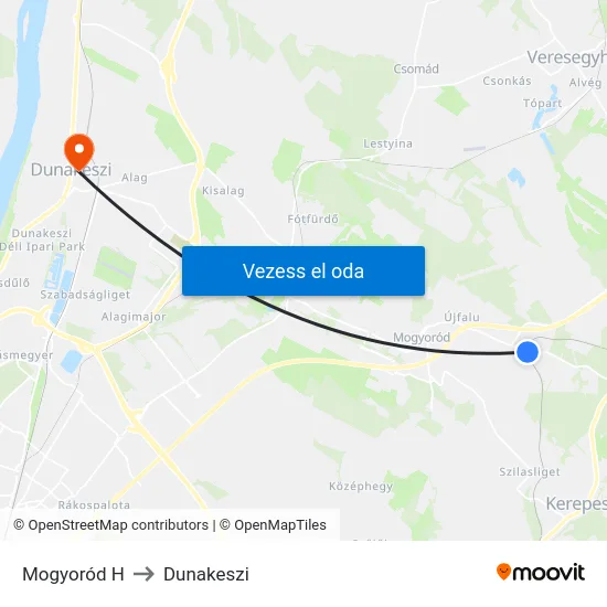 Mogyoród H to Dunakeszi map