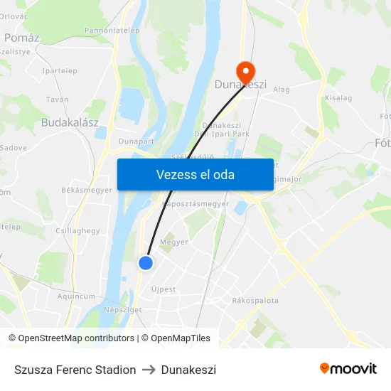 Szusza Ferenc Stadion to Dunakeszi map