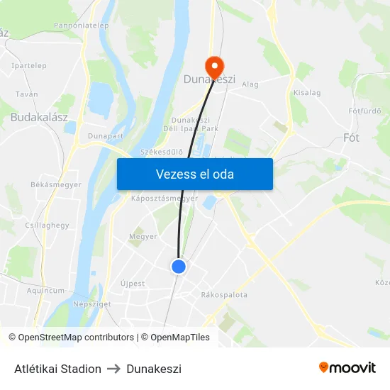 Atlétikai Stadion to Dunakeszi map