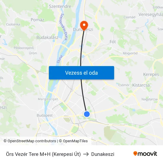Örs Vezér Tere M+H (Kerepesi Út) to Dunakeszi map