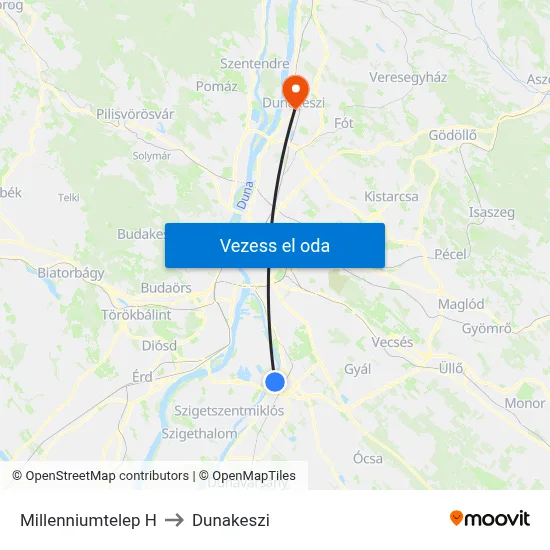 Millenniumtelep H to Dunakeszi map