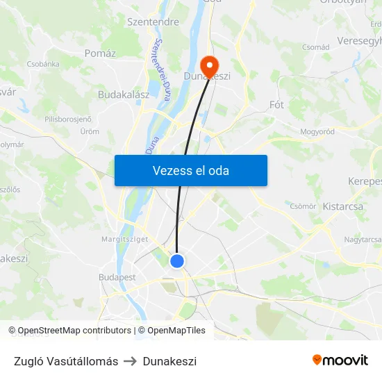 Zugló Vasútállomás to Dunakeszi map
