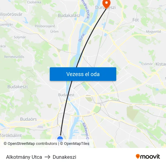 Alkotmány Utca to Dunakeszi map