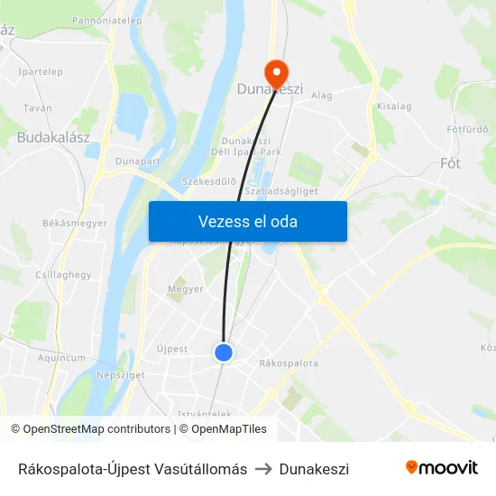 Rákospalota-Újpest Vasútállomás to Dunakeszi map