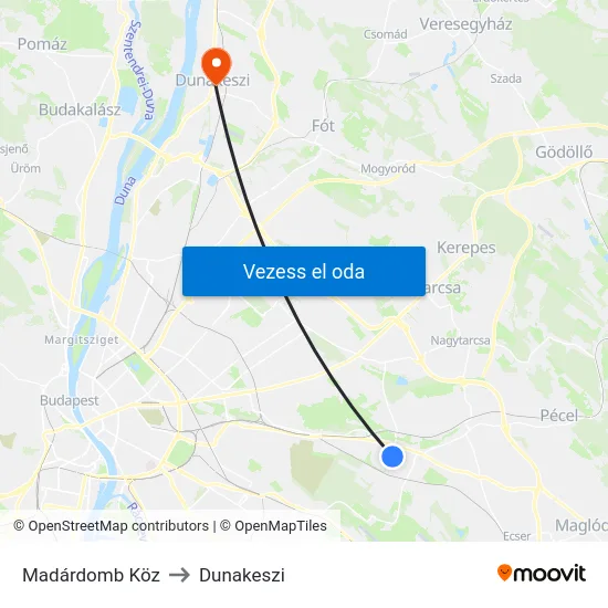Madárdomb Köz to Dunakeszi map