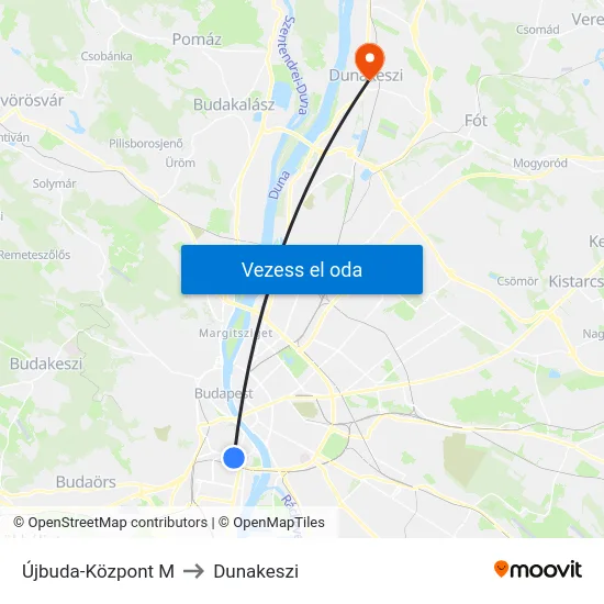 Újbuda-Központ M to Dunakeszi map