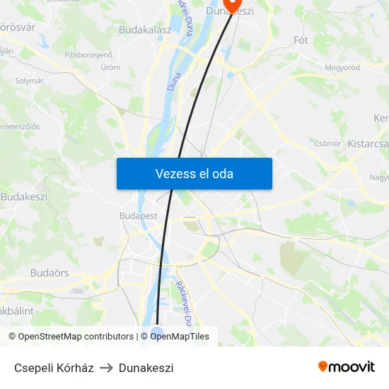 Csepeli Kórház to Dunakeszi map