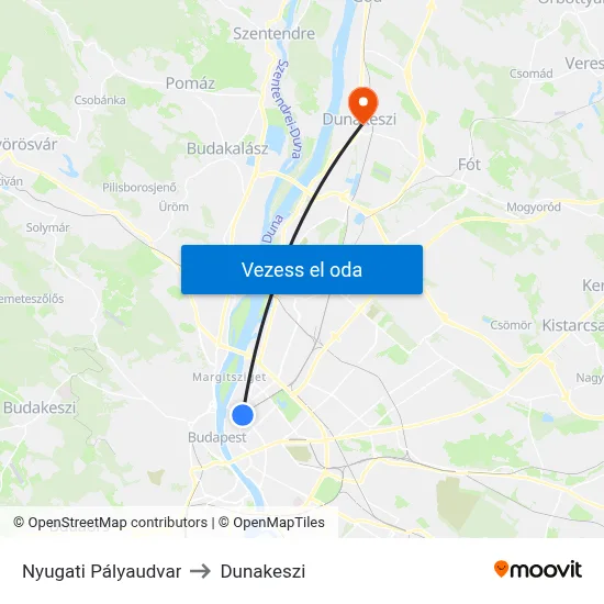 Nyugati Pályaudvar to Dunakeszi map