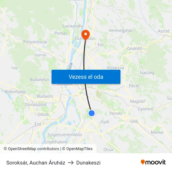 Soroksár, Auchan Áruház to Dunakeszi map