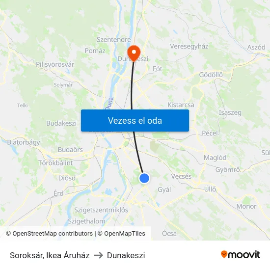 Soroksár, Ikea Áruház to Dunakeszi map