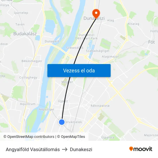 Angyalföld Vasútállomás to Dunakeszi map