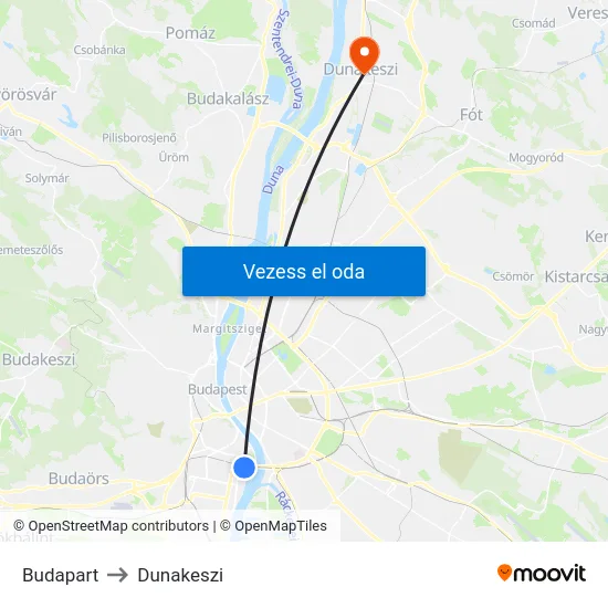 Budapart to Dunakeszi map