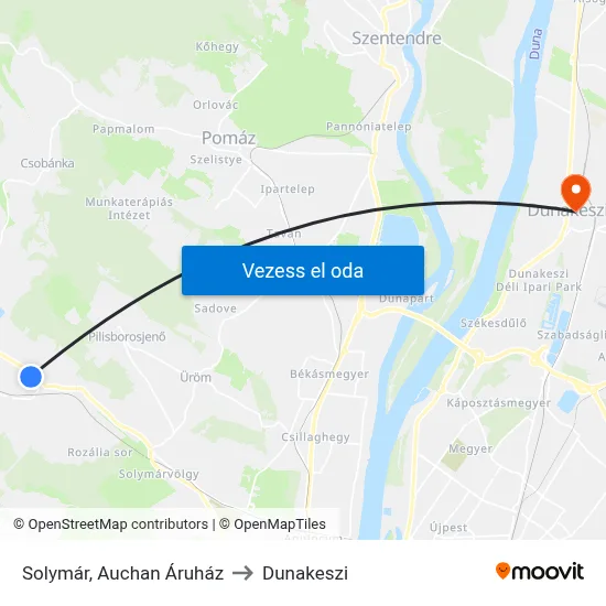 Solymár, Auchan Áruház to Dunakeszi map