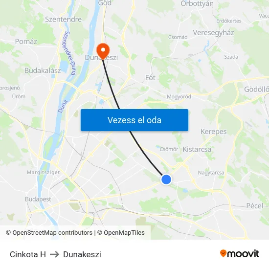 Cinkota H to Dunakeszi map