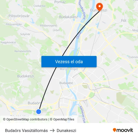 Budaörs Vasútállomás to Dunakeszi map