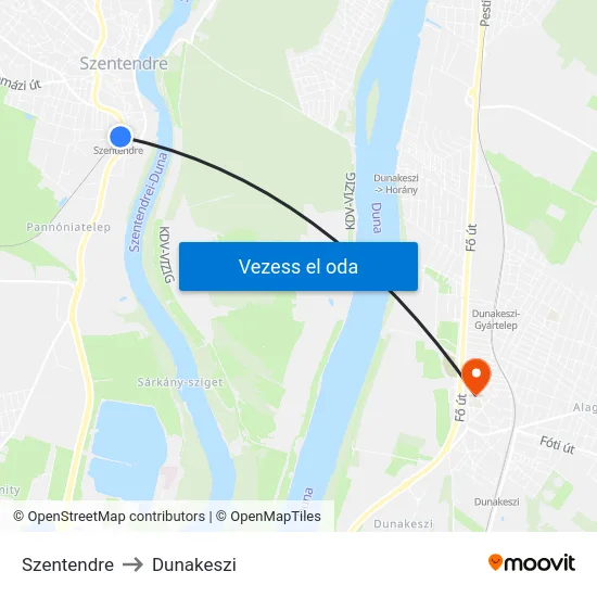 Szentendre to Dunakeszi map
