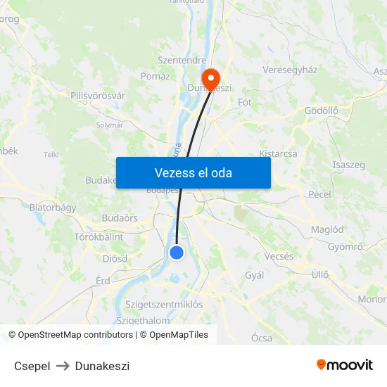 Csepel to Dunakeszi map