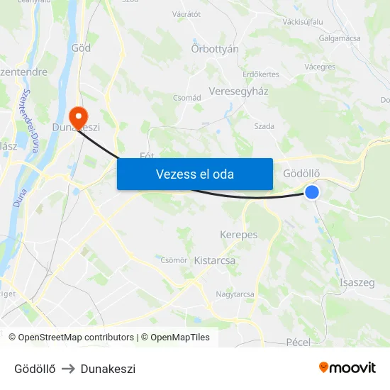 Gödöllő to Dunakeszi map
