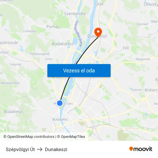 Szépvölgyi Út to Dunakeszi map
