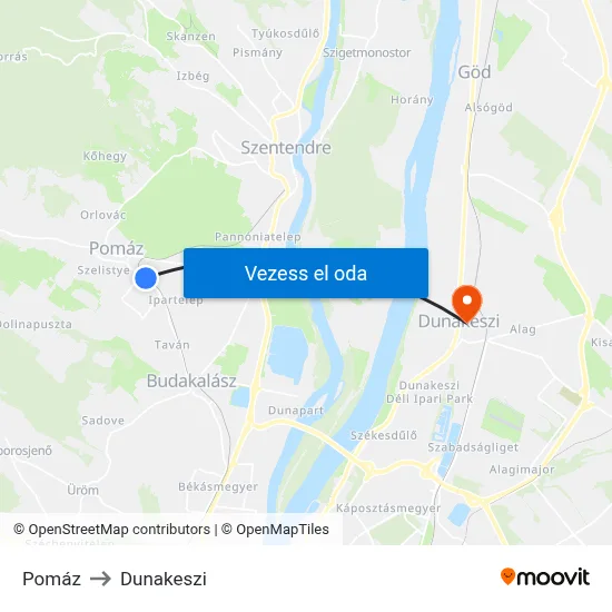 Pomáz to Dunakeszi map