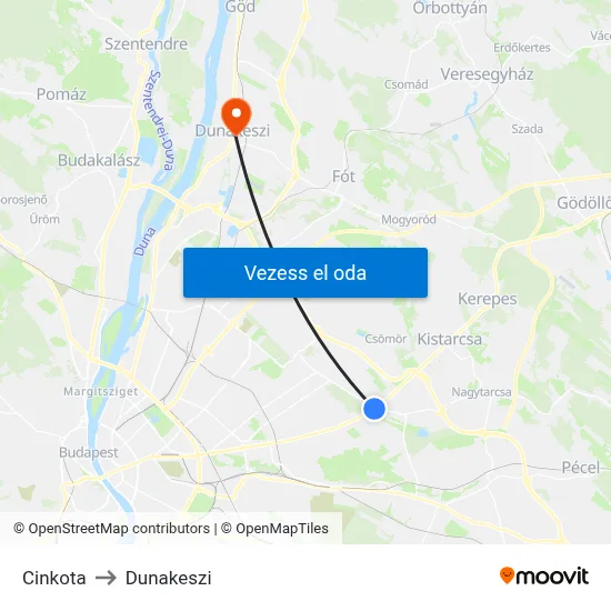 Cinkota to Dunakeszi map